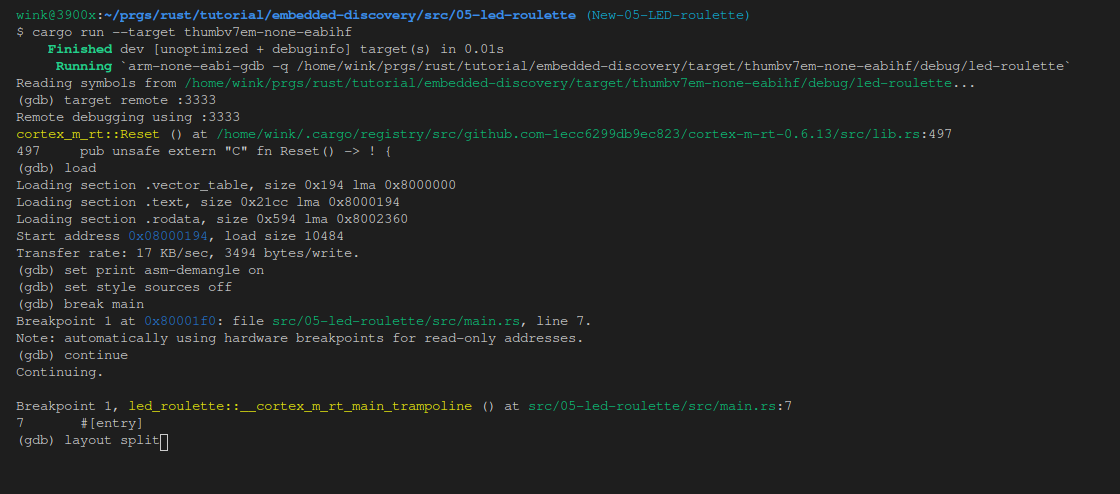 GDB session layout split