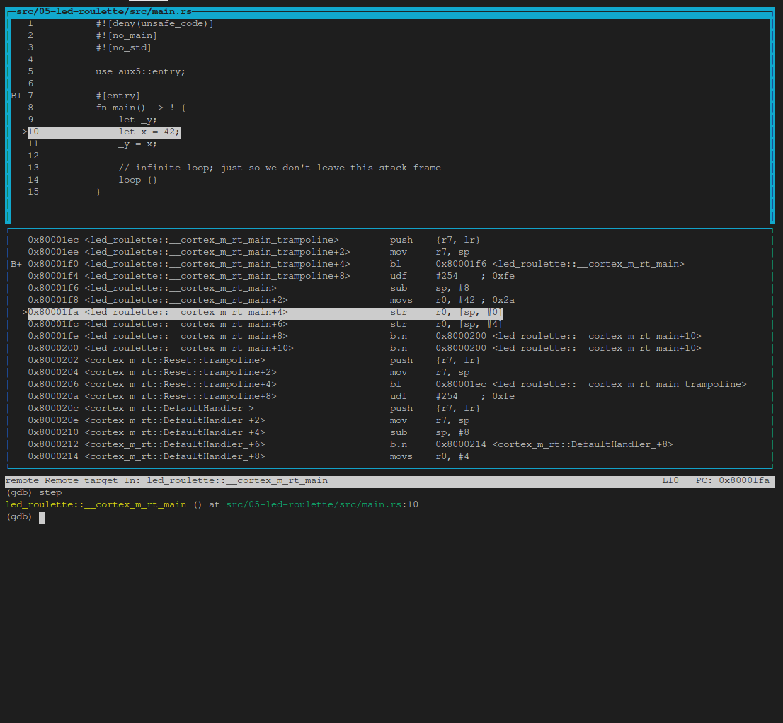 GDB session layout split