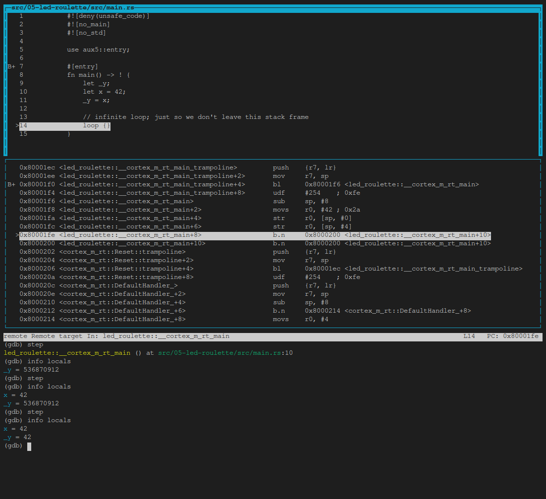 GDB session layout split